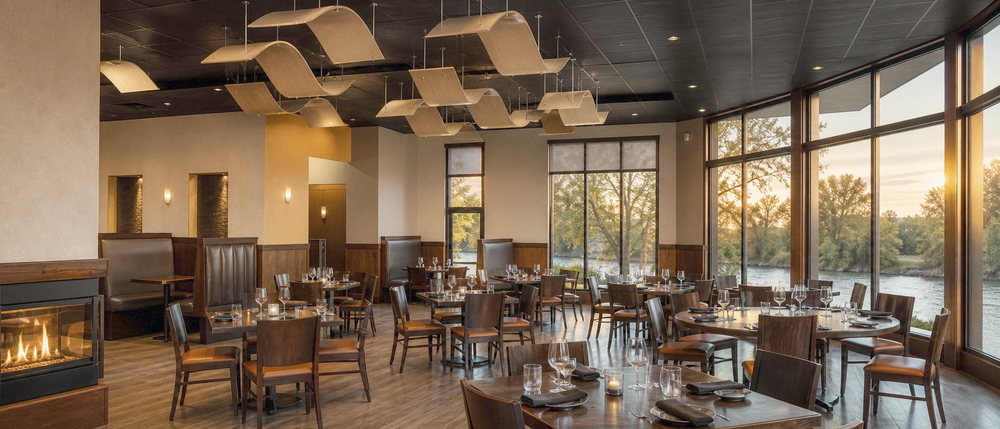 Concept image of the Elements dining room at sunset, with the fireplace lit and tall windows onto the river.